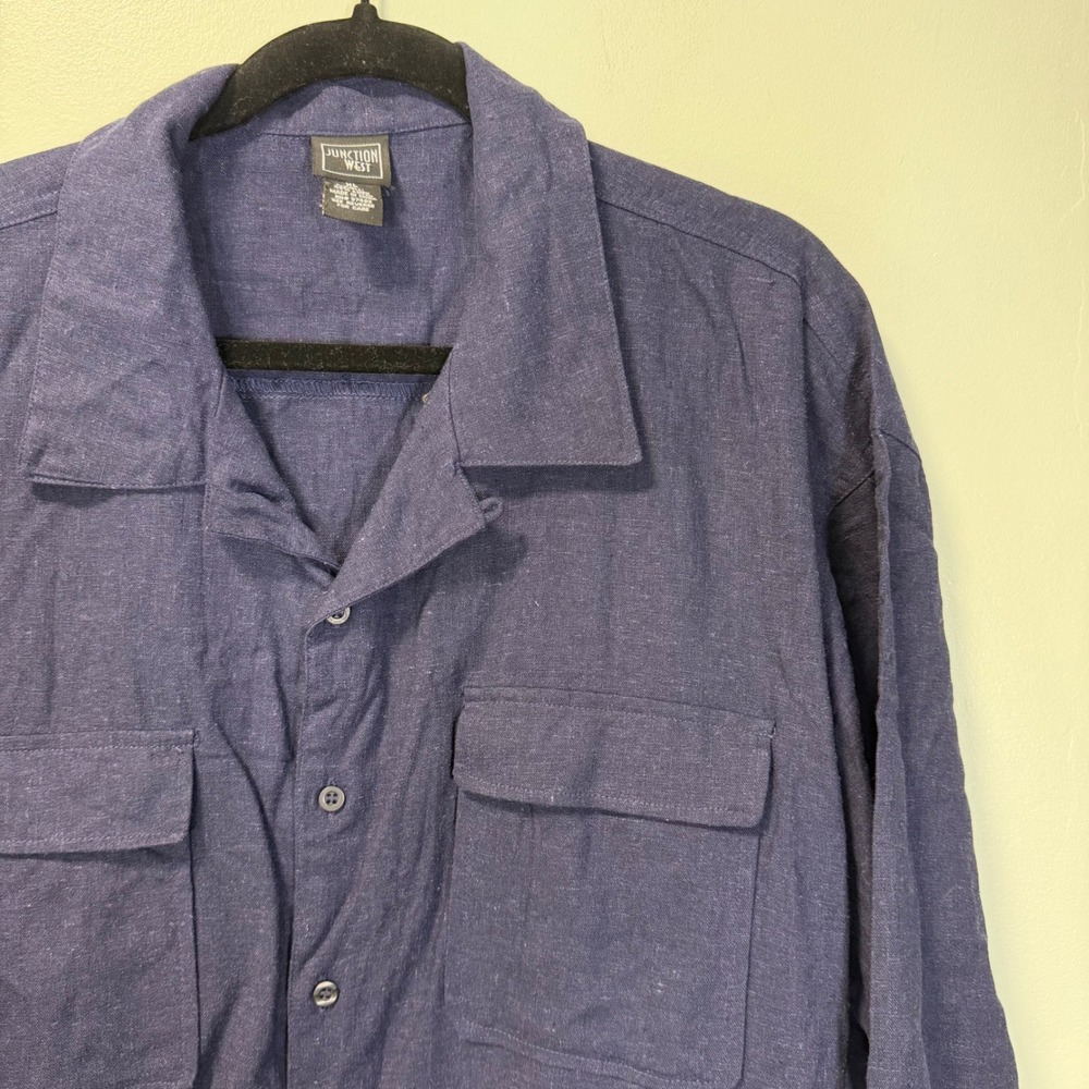 Junction West Mens XL Navy Blue Linen Rayon Short Sleeve Button Up Shirt